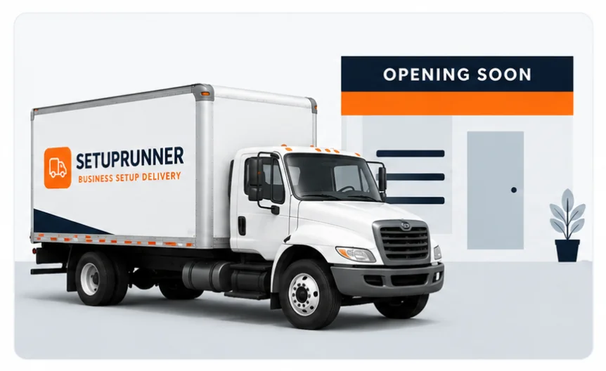 SetupRunner box truck for DFW business setup delivery, equipment, fixtures, and furniture pickup.